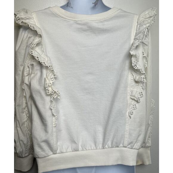 By Anthropologie Ruffle-Sleeve Sweatshirt Top Medium White Eyelet Lace - Picture 3 of 8